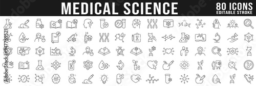 Medical lab icons big set. Science, dna, molecules research line icon set. Editable strokes photo