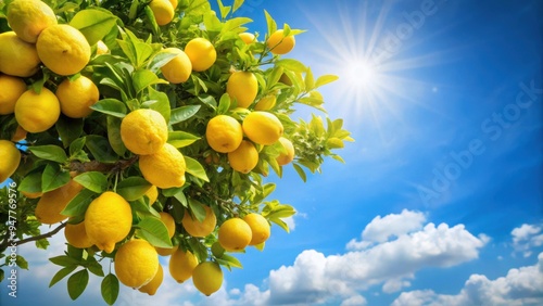 Lemon tree reaching up to lemons in the sky , nature, citrus, surreal, dream, sky, fruit, growth, fresh, organic photo