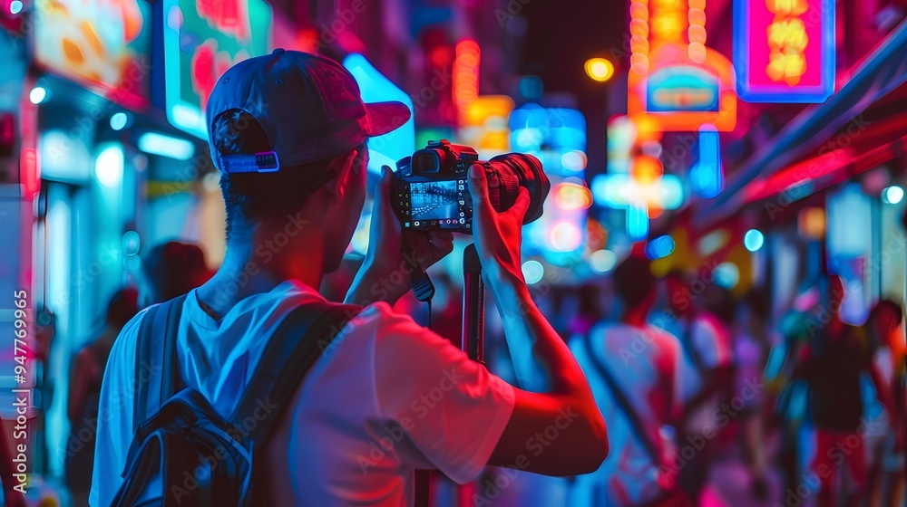 Fototapeta premium Young Man Taking Photos in a Vibrant Night Market
