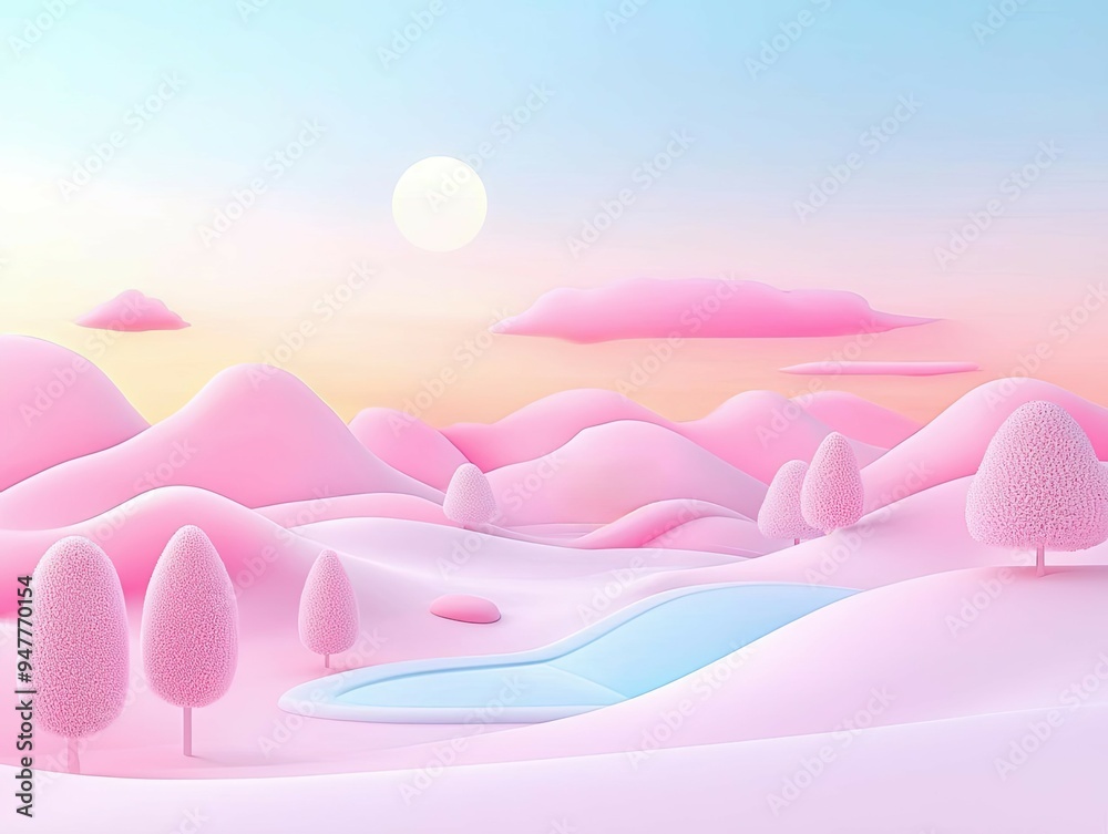 Dreamy pastel landscape with pink hills, fluffy trees, and a soft gradient sky, evoking a serene and surreal atmosphere.