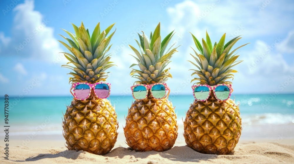 Three Pineapples in Sunglasses on a Beach