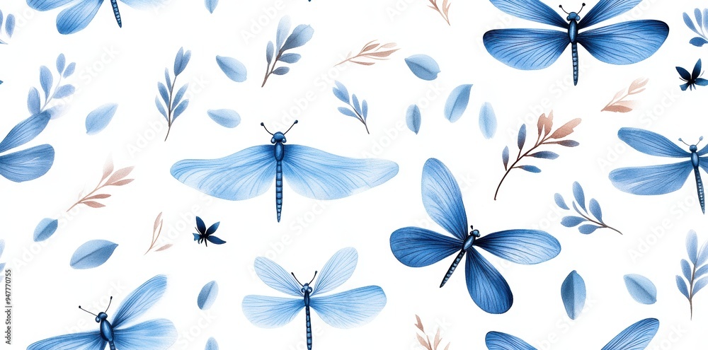  Boho blue dragonflies in a whimsical nature pattern. The seamless pattern highlights delicate blue dragonflies set against a clean white background