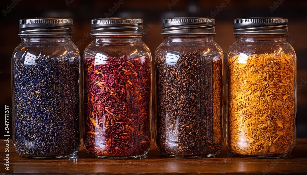 Four glass jars filled with different loose leaf teas. This image depicts the variety of teas available for brewing and enjoying.