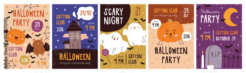 Halloween posters, promo cards set. Trick or Treat, festive flyer designs for...