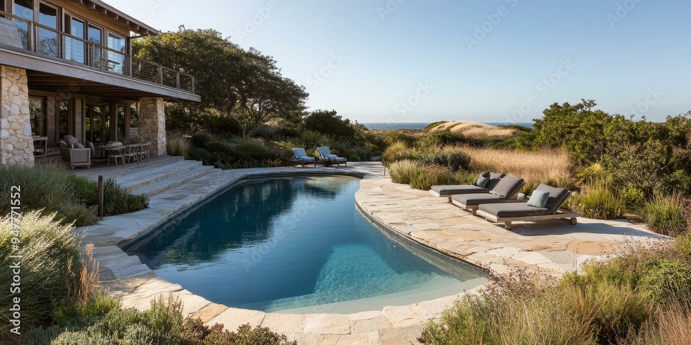 Obraz premium A swimming pool with lounge chairs and ocean views.