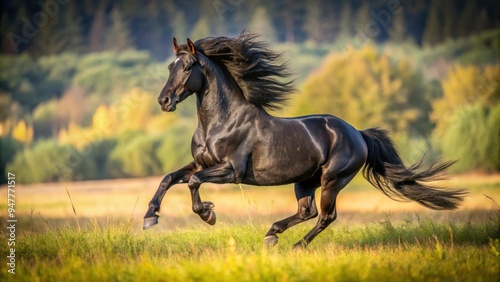 Majestic black horse running gracefully in a field , Equine, majestic, black, horse, running, graceful, field, nature, power, beauty