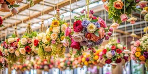 Beautiful artificial flowers hanging from the ceiling in a flower shop, close-up shot , artificial, flowers, hanging photo