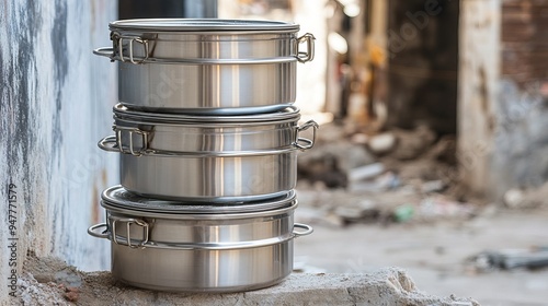 Indian stainless steel tiffin boxes or lunch boxes on construction site with copy space  photo