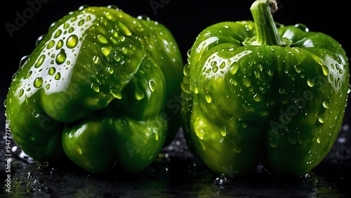 Beautiful close-up photo of couple of vibrant green organic ripe bell peppers covered in fresn water dew droplets on dark background. Capsicum annuum advertisement healthy food photography. photo