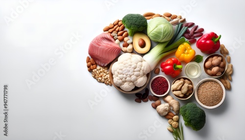 Foods help nourish the brain and nervous system on white background 