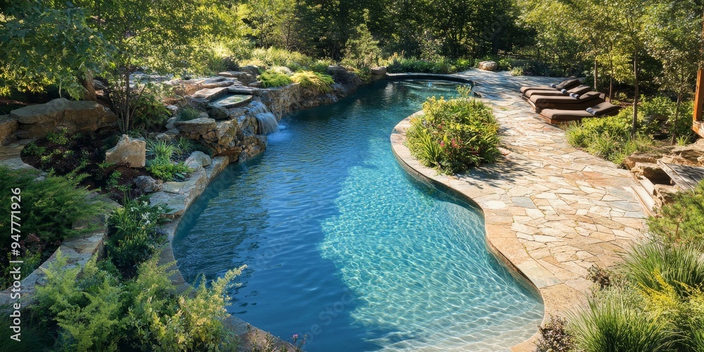 Fototapeta premium A pool and patio in a lush garden.