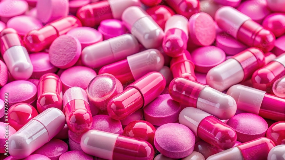 Close-up of assorted pink pills and drugs , medication, pharmaceuticals, healthcare, medicine, addiction, overdose Close-up of assorted pink pills and drugs , medication, pharmaceuticals, healthcare, medicine, addiction, overdose
