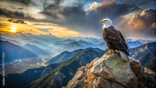 Majestic eagle perched on a rugged rock overlooking the landscape, eagle, bird, predator, wildlife, nature, perch, rock photo