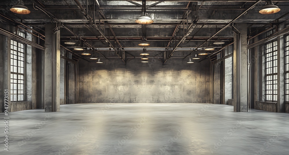 Empty Industrial Space with Concrete Floor, Exposed Beams, and Windows Empty Industrial Space with Concrete Floor, Exposed Beams, and Windows