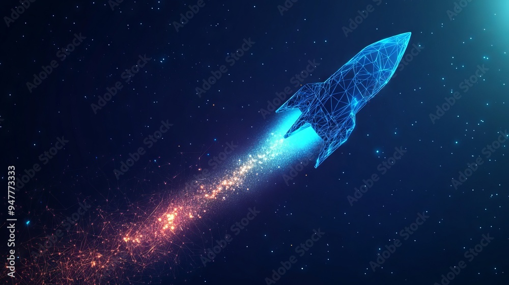 Fototapeta premium Abstract Rocket Launch. Digital Spaceship Flying Up Into Outer Space. Business Development, Boosting Concept. Low Poly Wireframe Vector Illustration on Technological Blue Background. Polygonal banner.
