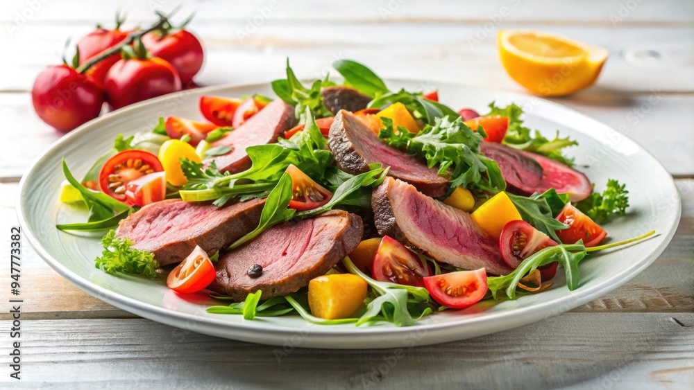 Vibrant fresh salad with thinly sliced beef on a white plate, salad, vibrant, fresh, sliced beef, healthy, nutritious Vibrant fresh salad with thinly sliced beef on a white plate, salad, vibrant, fresh, sliced beef, healthy, nutritious