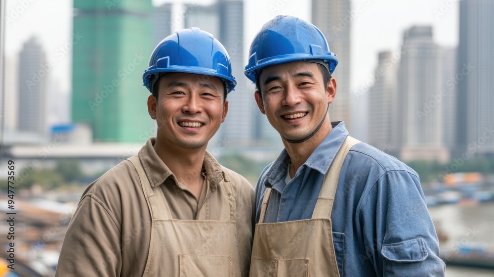 Two Construction Workers Smiling In Front Of Skyscrapers Two Construction Workers Smiling In Front Of Skyscrapers