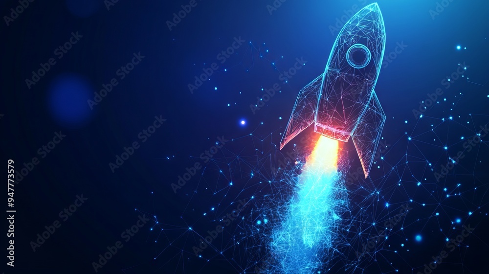 Abstract Rocket Launch. Digital Spaceship Flying Up Into Outer Space. Business Development, Boosting Concept. Low Poly Wireframe Vector Illustration on Technological Blue Background. Polygonal banner. Abstract Rocket Launch. Digital Spaceship Flying Up Into Outer Space. Business Development, Boosting Concept. Low Poly Wireframe Vector Illustration on Technological Blue Background. Polygonal banner.