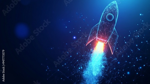 Abstract Rocket Launch. Digital Spaceship Flying Up Into Outer Space. Business Development, Boosting Concept. Low Poly Wireframe Vector Illustration on Technological Blue Background. Polygonal banner.