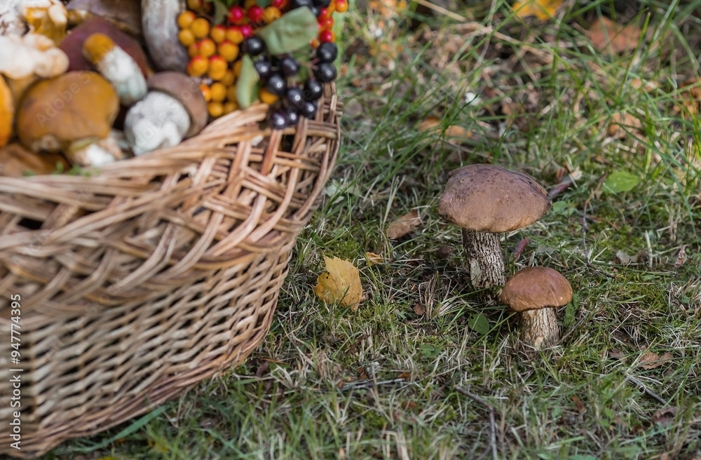 Noble edible mushrooms. Assorted mushrooms in a beautiful wicker basket in a birch forest. Beautiful texture of the natural background. Noble edible mushrooms. Assorted mushrooms in a beautiful wicker basket in a birch forest. Beautiful texture of the natural background.