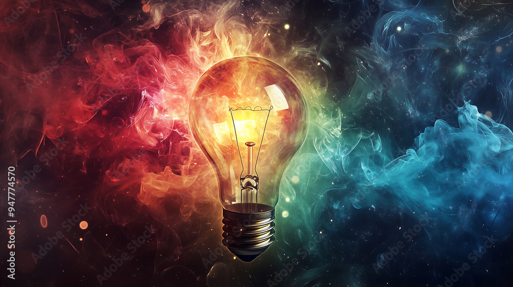 Light bulb with colorful smoke on a dark background, an idea concept design illustration Light bulb with colorful smoke on a dark background, an idea concept design illustration
