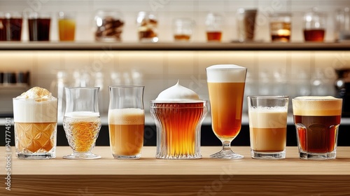 A row of six glasses of coffee drinks. Perfect for showcasing a cafe, coffee shop, or beverage menu.