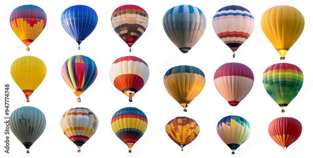 Assorted hot air balloons in various patterns isolated on transparent background Assorted hot air balloons in various patterns isolated on transparent background