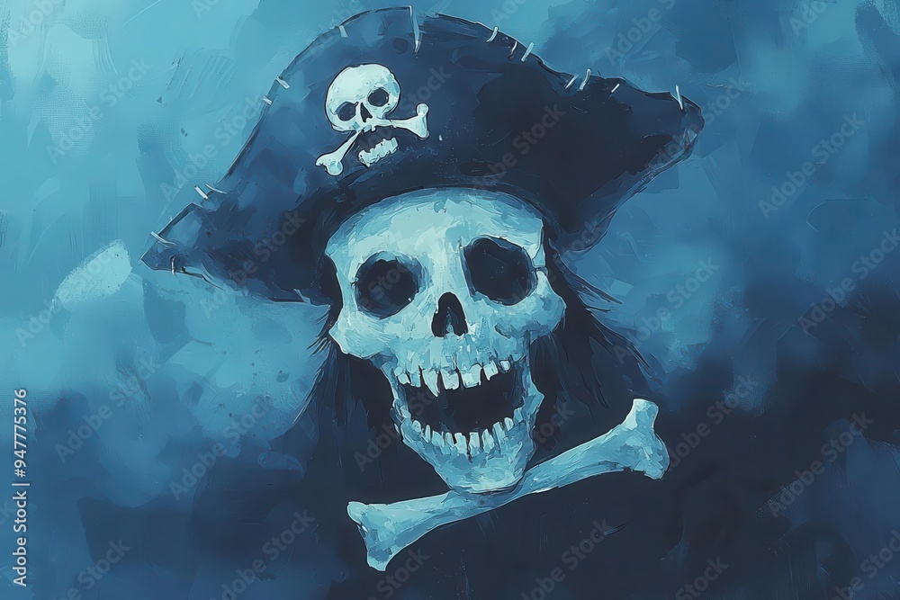 Ghostly pirate flag, glowing in the dark, eerie wind, Watercolor style