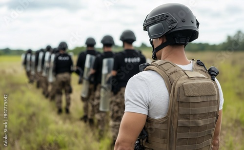 Line of Duty: A focused line of police officers in tactical gear march forward in a field, showcasing their unwavering commitment to safety and security.  