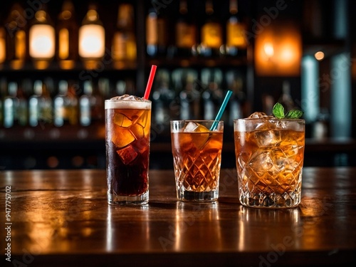 Three cocktail drinks decorated with mint leaves and drinking straws on a dark wooden bar table served in glasses with ice at lounge bar. Alcohol juice beverages photography illustration background.