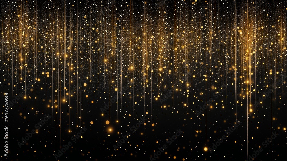 Gold glitter falls gently from the ceiling on a black background Gold glitter falls gently from the ceiling on a black background