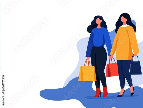 Labor Day sales, shoppers with bags and discounts, flat design illustration