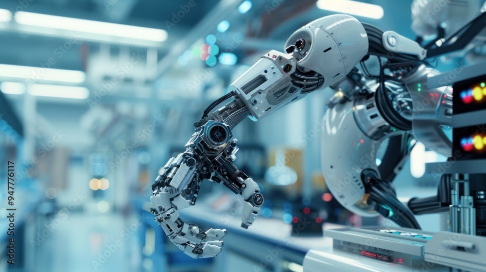 Fototapeta premium Closeup of Industrial Robot Arm in Factory Setting