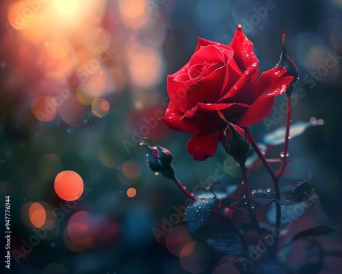 red rose, a dew drop in blur of beautiful background , banner style, copy space, greeting card, place for text