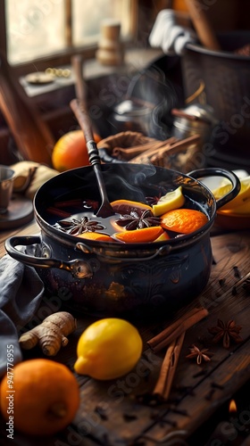 a steaming pot of Mulled wine, on a rustic wooden table with natural lighting