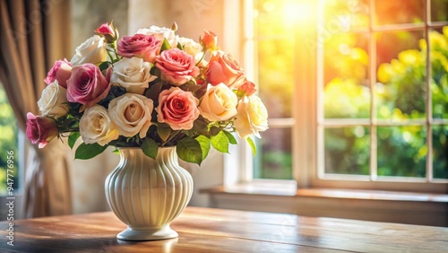 Beautiful bouquet of roses in a decorative vase on a table in a sunlit room, kwiat, waza, bukiet, dekoracja, wnetrza, stole, dom photo