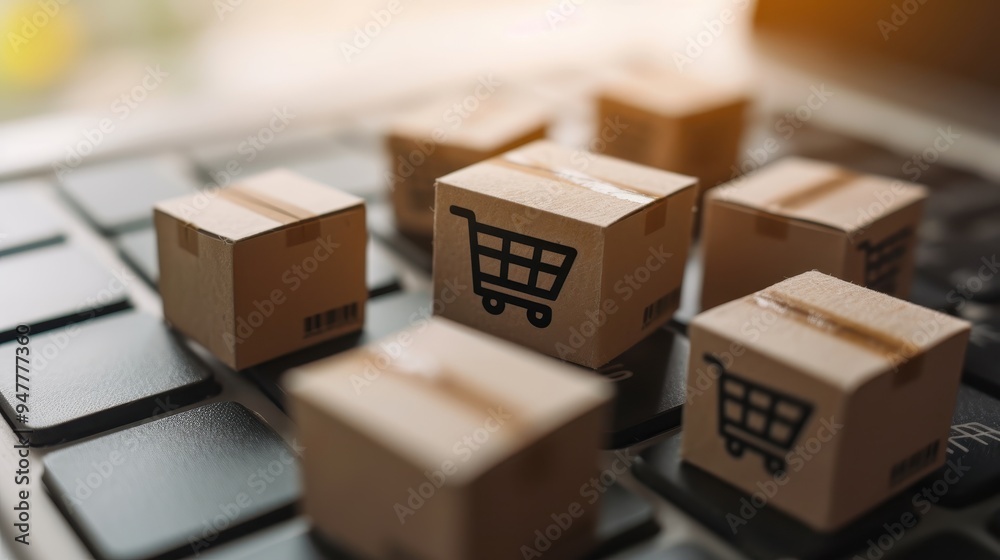 Fototapeta premium E-commerce Keyboard Delivery: Miniature cardboard boxes, some adorned with shopping cart symbols, rest on a sleek black keyboard, embodying the essence of online shopping and digital commerce. 