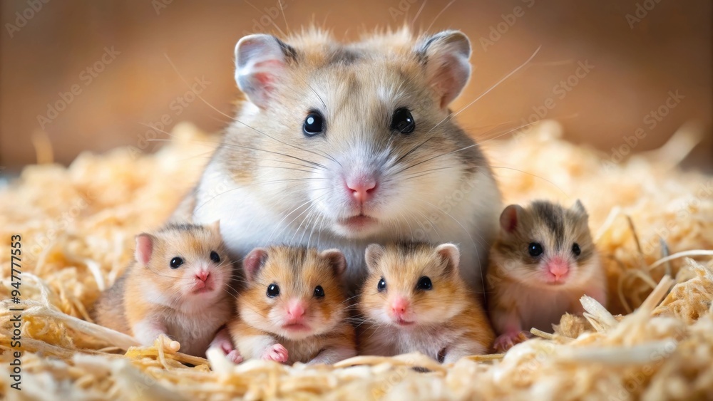 A close-up shot of a nursing hamster with her babies , nursing, hamster, motherhood, care, small, cute, furry, rodent A close-up shot of a nursing hamster with her babies , nursing, hamster, motherhood, care, small, cute, furry, rodent