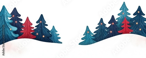 Illustration of colorful Christmas trees with glowing lights on snowy hills, creating a cheerful and festive winter scene.