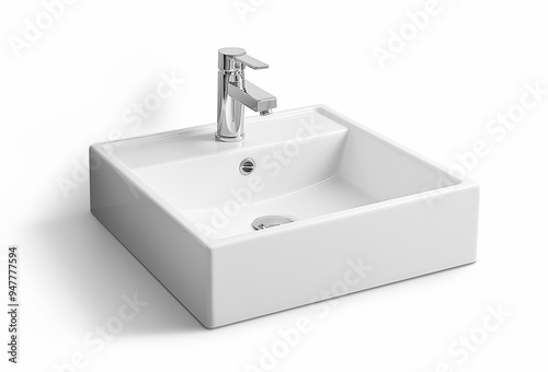 Ceramic washbasin and chrome faucet on a white background