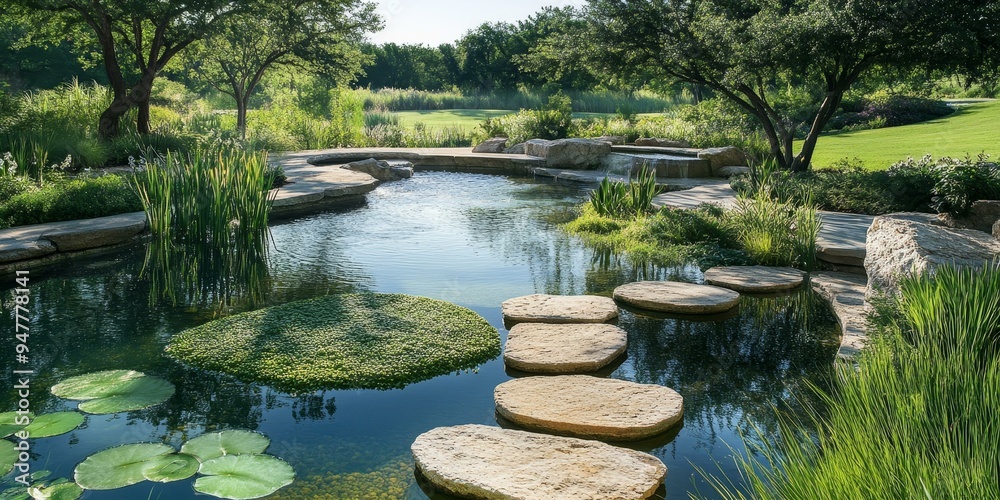 Fototapeta premium Stone path through lush pond and garden.