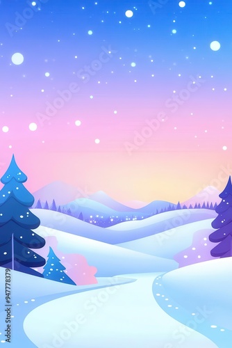 Peaceful winter landscape with snowy hills, a full moon, and a starry sky.
