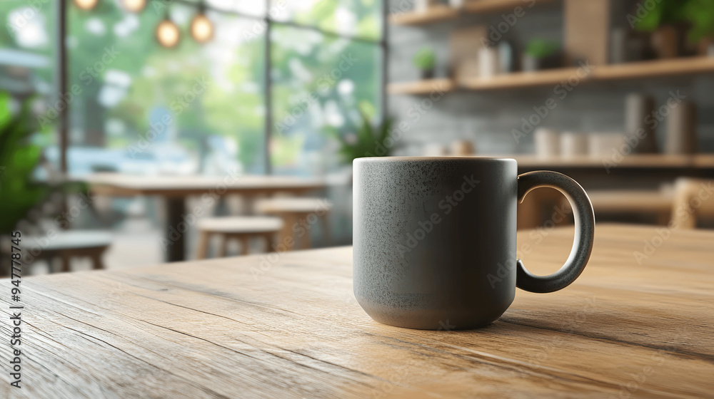 Stylish coffee mug mockup on wooden table, cozy café background, front perspective Stylish coffee mug mockup on wooden table, cozy café background, front perspective