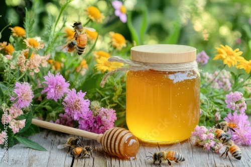 A jar of golden honey with a wooden honey dipper