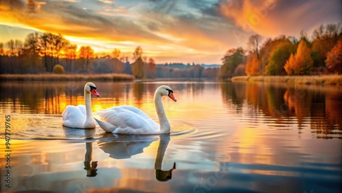 Fototapeta Naklejka Na Ścianę i Meble -  Two graceful swans peacefully floating in a serene lake during a stunning fall sunset, swans, lake, water, sunset, fall