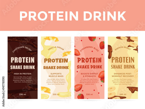 A collection of protein shake labels with a variety of flavours and health benefits in an attractive design aimed at health conscious consumers.