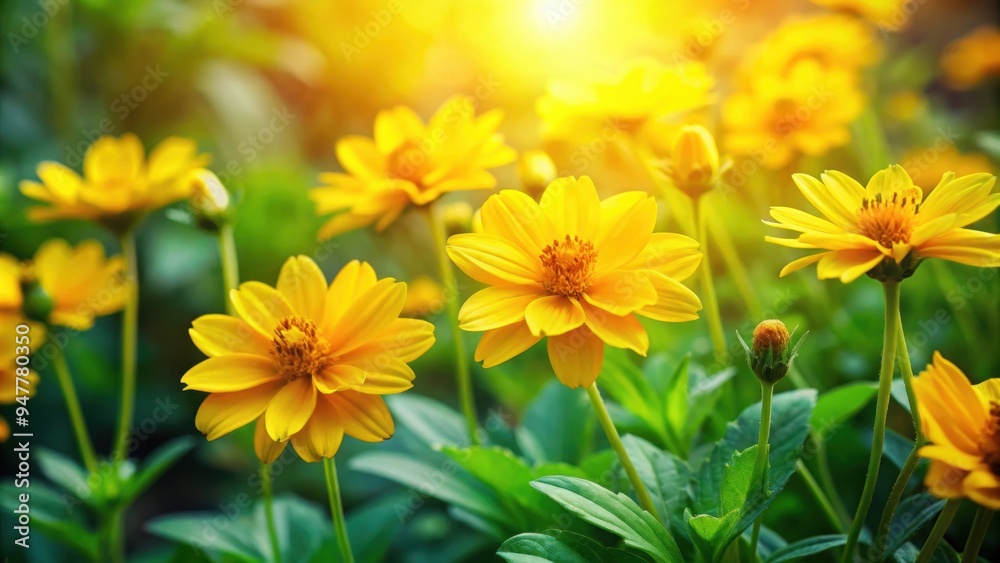 Vibrant yellow flowers in full bloom among lush greenery, representing joy and freshness, bright, yellow, flowers, blooming, garden Vibrant yellow flowers in full bloom among lush greenery, representing joy and freshness, bright, yellow, flowers, blooming, garden