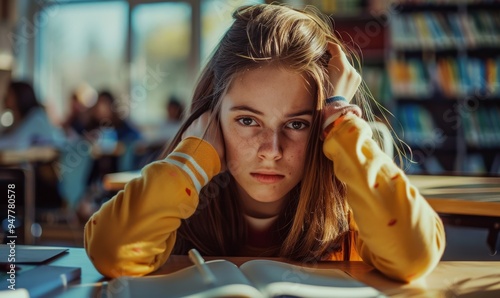 Bored teenage girl in class photo