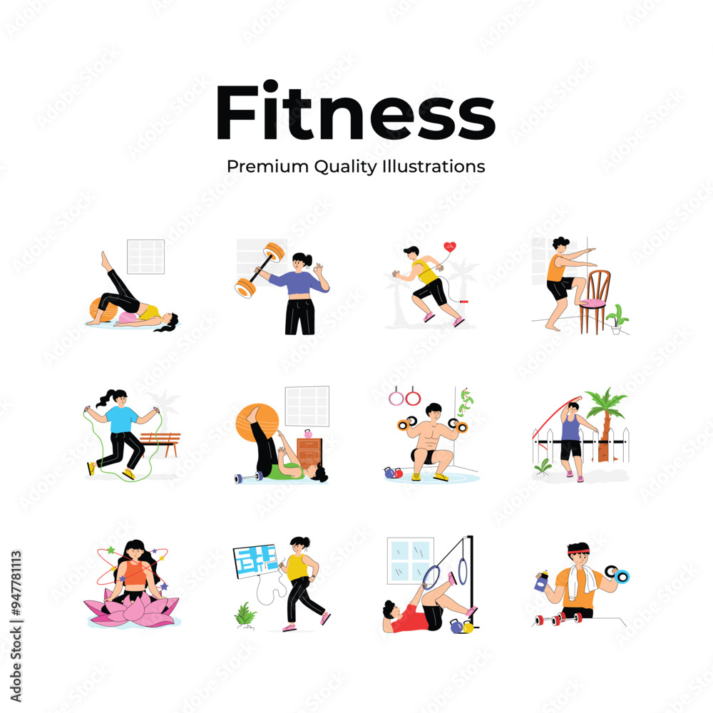 Pack of fitness and workout illustrations in modern design style Pack of fitness and workout illustrations in modern design style