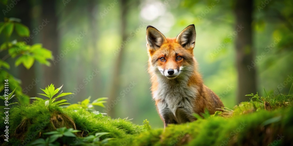 Beautiful red fox in lush green forest setting, wildlife, nature, mammal, woodland, animal, fur, cute, predator Beautiful red fox in lush green forest setting, wildlife, nature, mammal, woodland, animal, fur, cute, predator